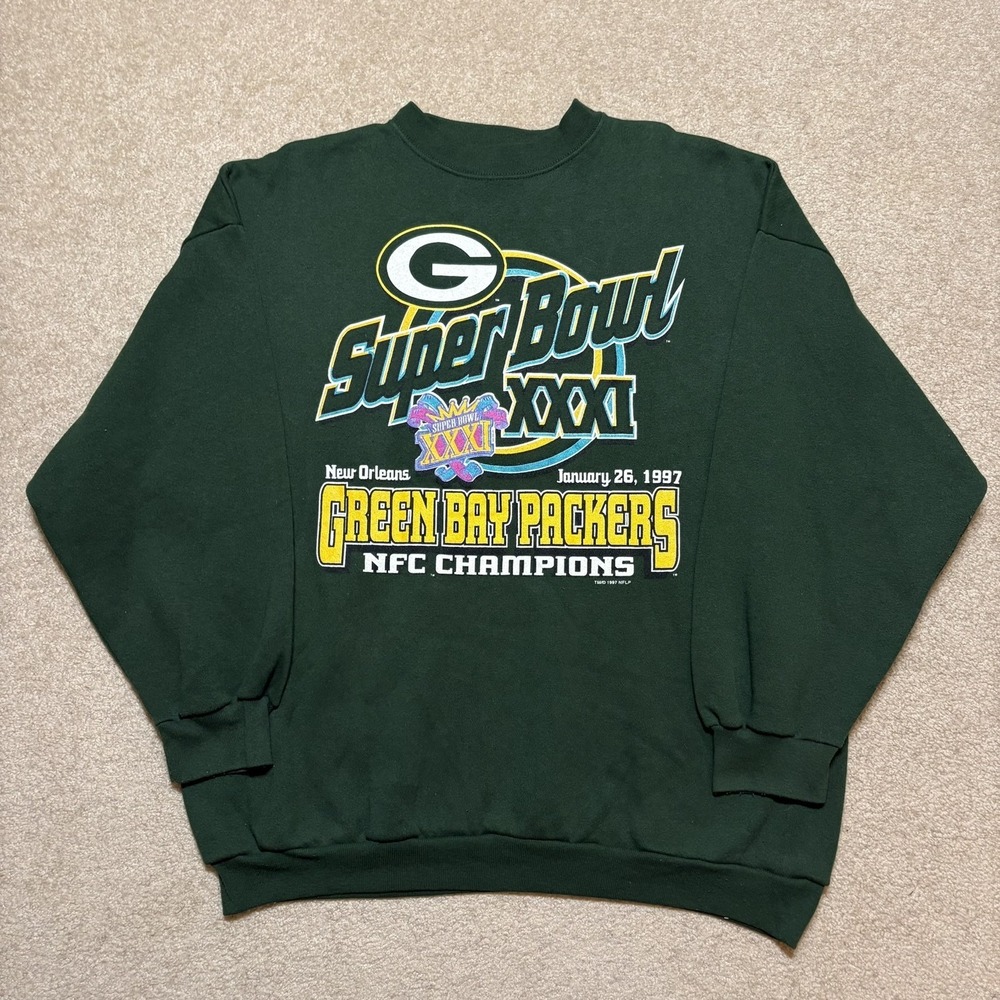 Vtg Green Bay Packers Sweatshirt Mens 2XL Green NFL Super Bowl‎ XXXI Logo 7 90s